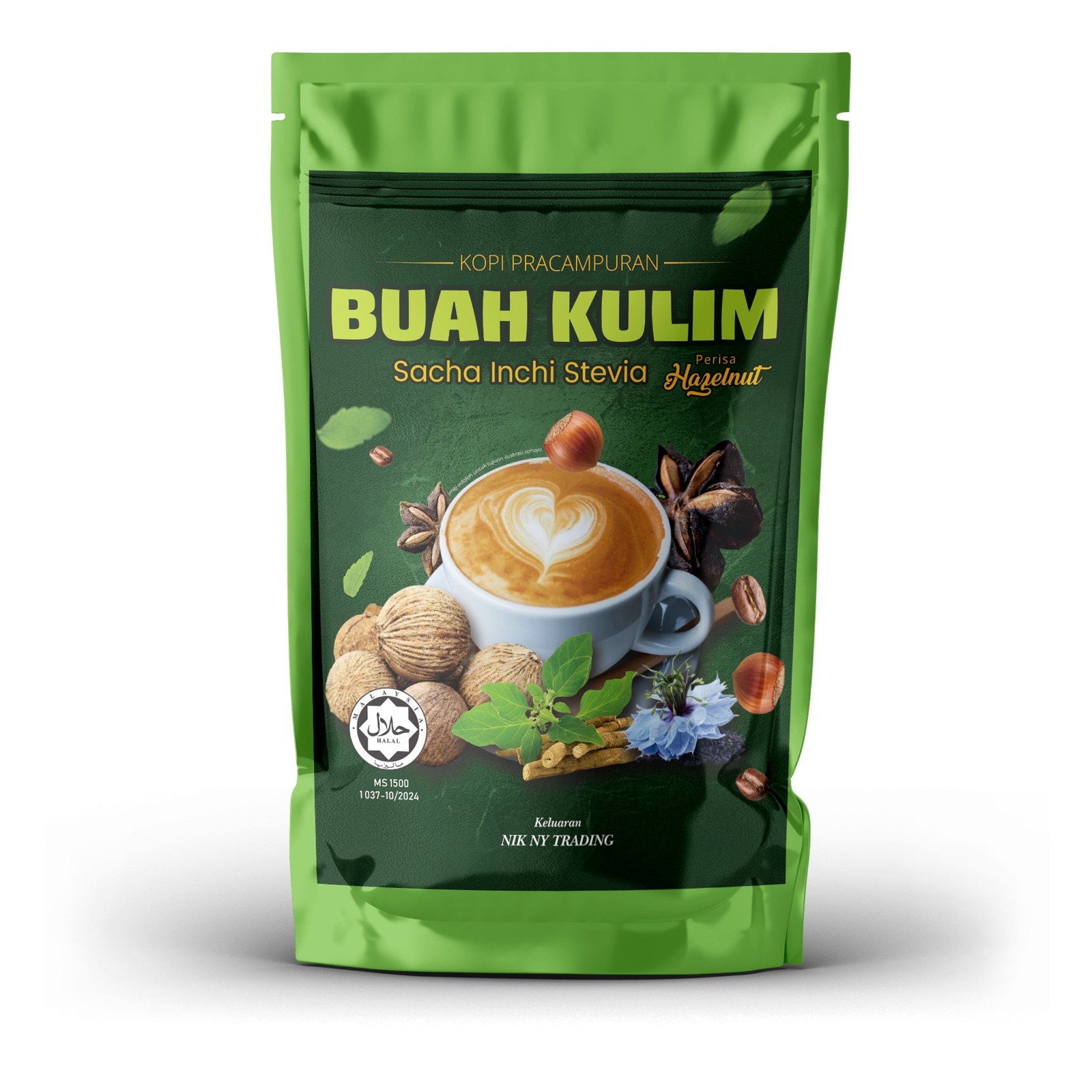 Pek Kopi Pracampuran Buah Kulim Sacha Inchi Stevia perisa Hazelnut keluaran NIK NY TRADING